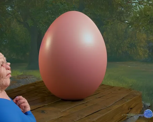 Prompt: of a very beautiful scene. a sweet fat old woman is in love with a huge, colorful and beautiful egg. hyper realistic. 4 k. wide angle. in the baroque style. wild. symmetrical face, red mouth, blue eyes. deep focus, lovely scene. processing block environment. concept art. unreal engine.