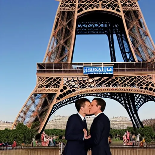 Image similar to gerald darmanin and Emmanuel macron kissing under the eiffel tower