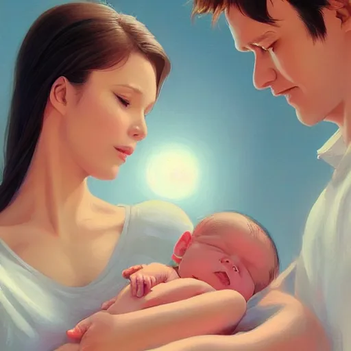 Prompt: parents and a newborn baby, from the 2 1 st century. beautiful clear well composed image. it is painted in the style of newborn photography by artgerm and greg rutkowski and ilya kuvshinov.