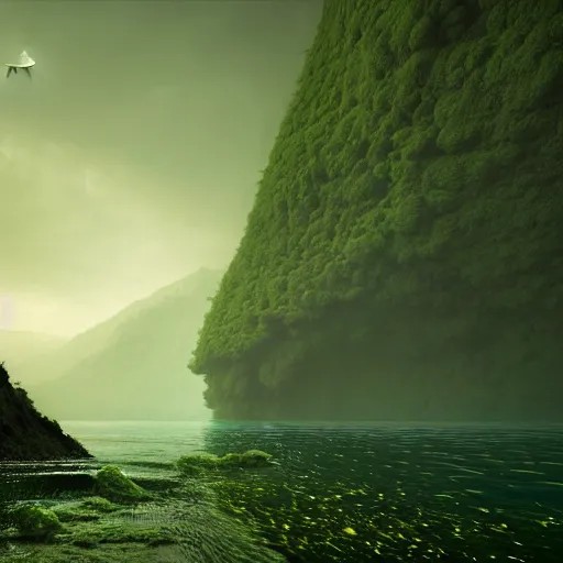 Image similar to dangerous creature lurking, eyes visible. a large body of water with green algae in it, a matte painting by filip hodas, cg society contest winner, environmental art, matte painting, volumetric lighting, cryengine