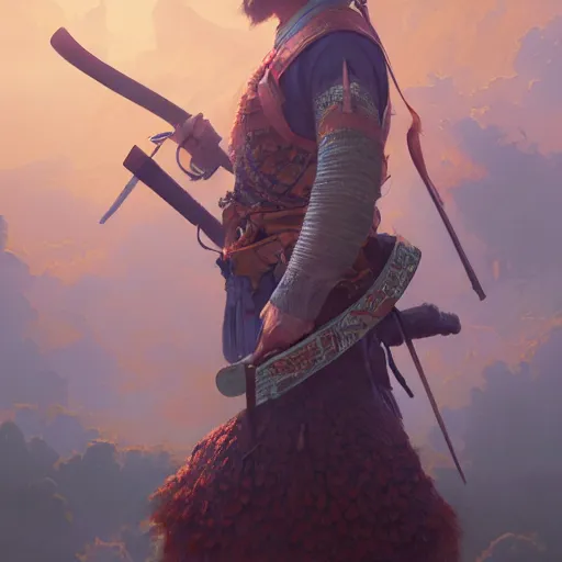 Image similar to Hyper realistic detailed portrait of Kurdish samurai, Stephen Bliss, unreal engine, fantasy art by Greg Rutkowski, Loish, Rhads, ferdinand knab, Makoto Shinkai and Lois van baarle, ilya kuvshinov, rossdraws, Tom Bagshaw, alphonse mucha, global illumination, radiant light, detailed and intricate environment, highly detailed, award winning art