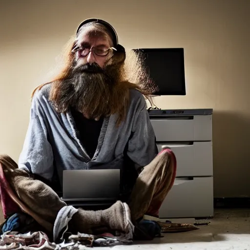 Image similar to homeless man with long beard and long hair sitting at his computer in an asylum, headphones on head, yorkshire terrier sitting beside him, film still 4 k 8 k