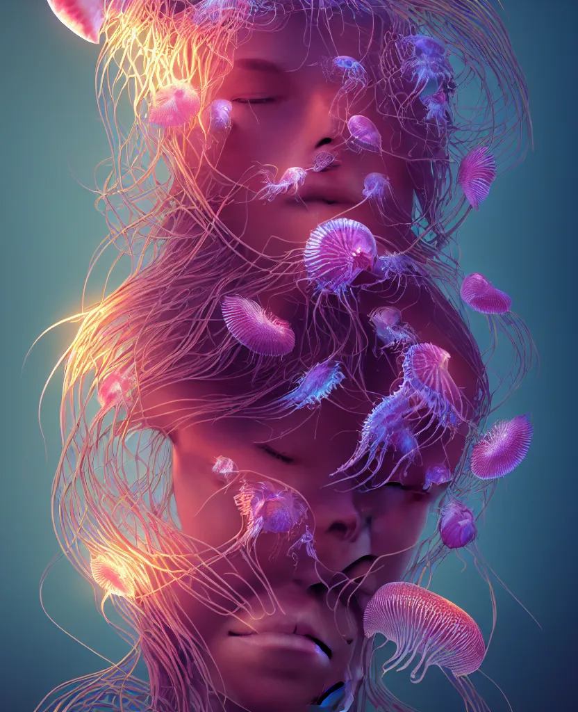 Image similar to goddess close-up portrait. orchid jellyfish phoenix head, nautilus, skull, betta fish, bioluminiscent creatures, intricate artwork by Tooth Wu and wlop and beeple. octane render, trending on artstation, greg rutkowski very coherent symmetrical artwork. cinematic, hyper realism, high detail, octane render, 8k