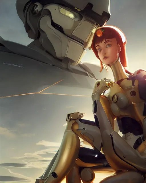 Prompt: beautiful delicate imaginative streamlined elegant futuristic close up portrait of a soldier female sitting with elegant deadly looks, mecha neon genesis evangelion armor with gold linings by ruan jia, tom bagshaw, alphonse mucha, futuristic buildings in the background, epic sky, vray render, artstation, deviantart, pinterest, 5 0 0 px models