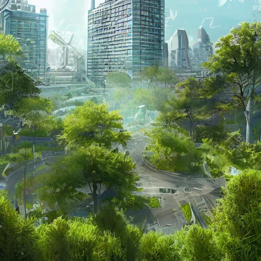 Image similar to s city covered by a lot of green vegetation,artstation,very detailed