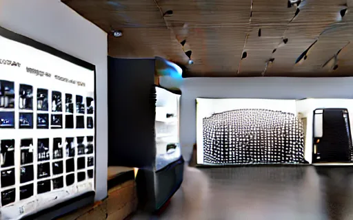 Image similar to A flagship Samsung store. black walls. timber floor. high ceilings with spots. wood furniture with large digital screen. display tables with phones and tablets, pots with plants, large digital screens on the walls, Architectural photography. 14mm. High Res 8K. award winning architectural design, Minimalist Maori Style, warm and happy, inviting