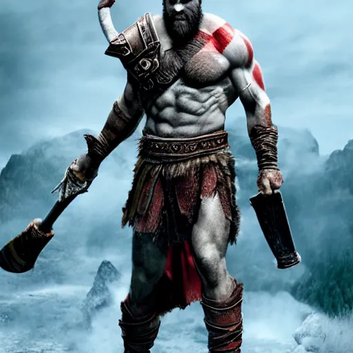 Prompt: ryan reynolds as kratos from god of war, holding a javelin, aggressive face, epic, cinematic shot, ultra realstic, 8 k