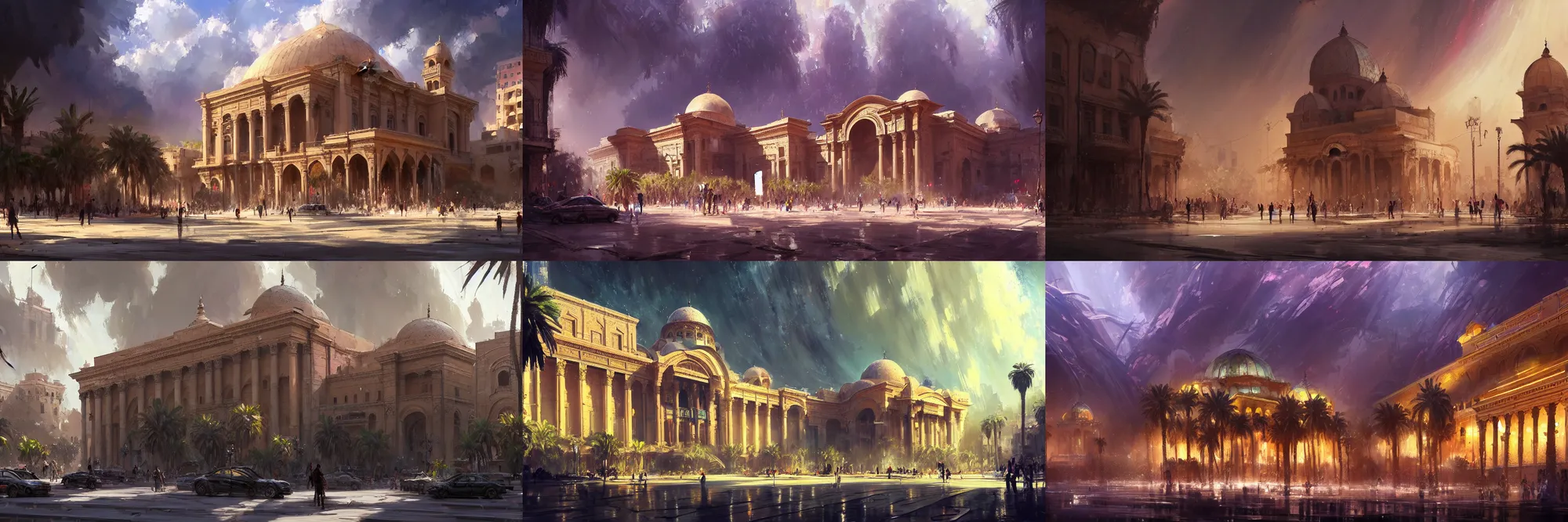 Prompt: a beautiful concept painting in the style of wadim kashin with a wide shot of the khedival opera house in talaat harb square cairo with beautiful dramatic clouds, dappled lighting, lush landscaping, date palm trees, shrubs and flowers. wadim kashin, trending on artstation