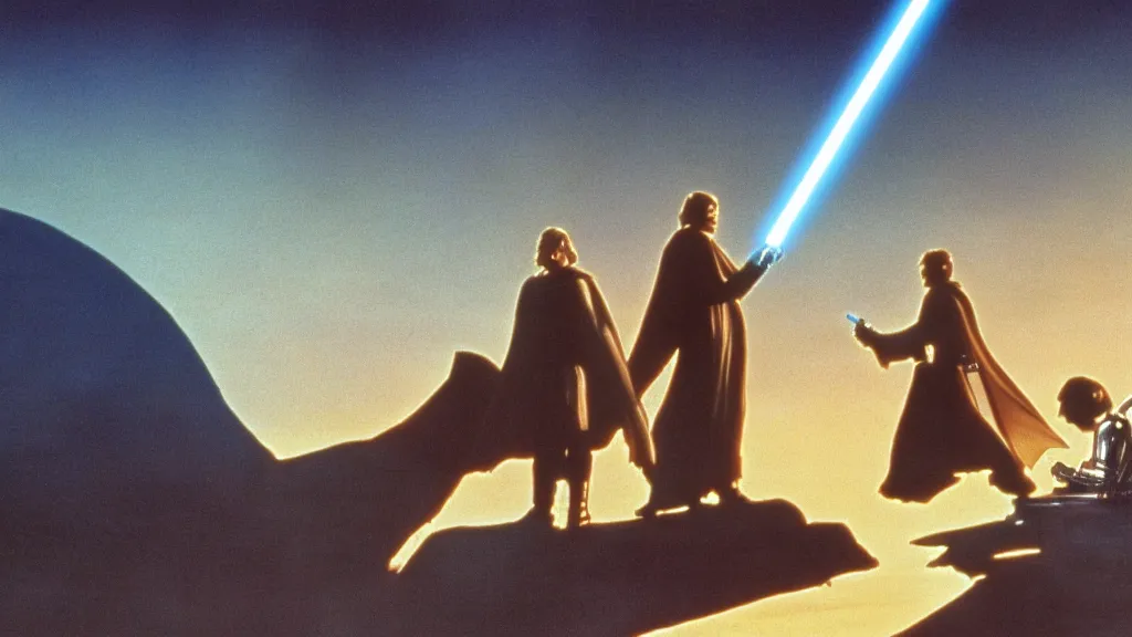 Image similar to film still Luke skywalker obi wan kenobi R2-D2 C-3PO tatooine sunset Star Wars a new hope 1977 studio ghibli animation