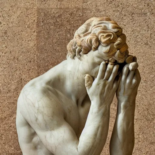 Image similar to photo of a richly detailed marble statue of a facepalming because of his slow laptop by leonardo davinci