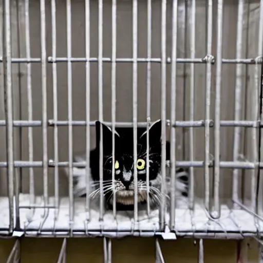 Image similar to cat in an american prison cell, sad face, handcuffed