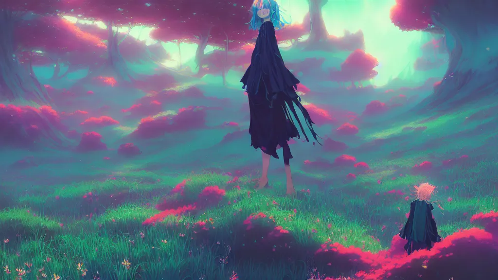 Prompt: magical fantasy bioluminescent landscape, arcane magic flora and fauna, dynamic colors, ilya kuvshinov, kyoani, artgerm, krenz cushart, hiroaki samura, yoshinari yoh, james jean, katsuhiro otomo, erik jones, cel shaded, anime poster