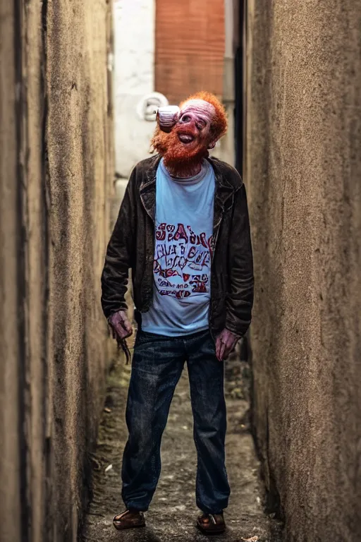 Image similar to 3 / 4 body photo of a old ginger men crackhead! with disgusting teeth, shady dark backalley at night, nerdy appearance, smooth, sharp, 8 5 mm, f / 1. 3