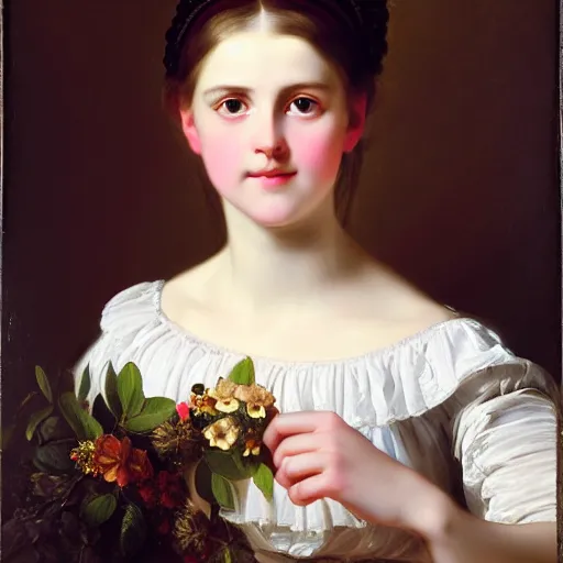 Image similar to portrait of a german teenage princess, circa 1 8 5 0 by franz xaver winterhalter, highly detailed, beautiful, oil on canvas, 1 8 5 0 s, romanticism