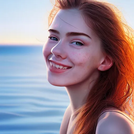 Image similar to beautiful serene intricate portrait of a cute thin young woman, red blush, cute freckles, smug smile, modern clothes, relaxing on the beach, golden hour, close up shot, soft focus, 8 k, art by irakli nadar, hyperrealism, hyperdetailed, ultra realistic
