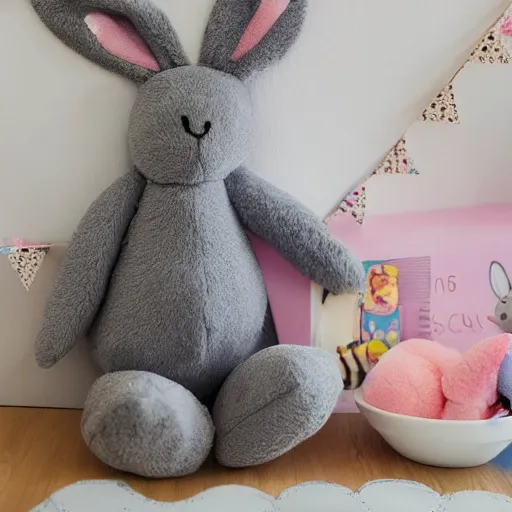 Prompt: flopsy the grey stuffed bunny comes to life in a 9 year old girls bedroom, photo realistic, fluffy, cute, adorable, no pink, gold wall, bunting