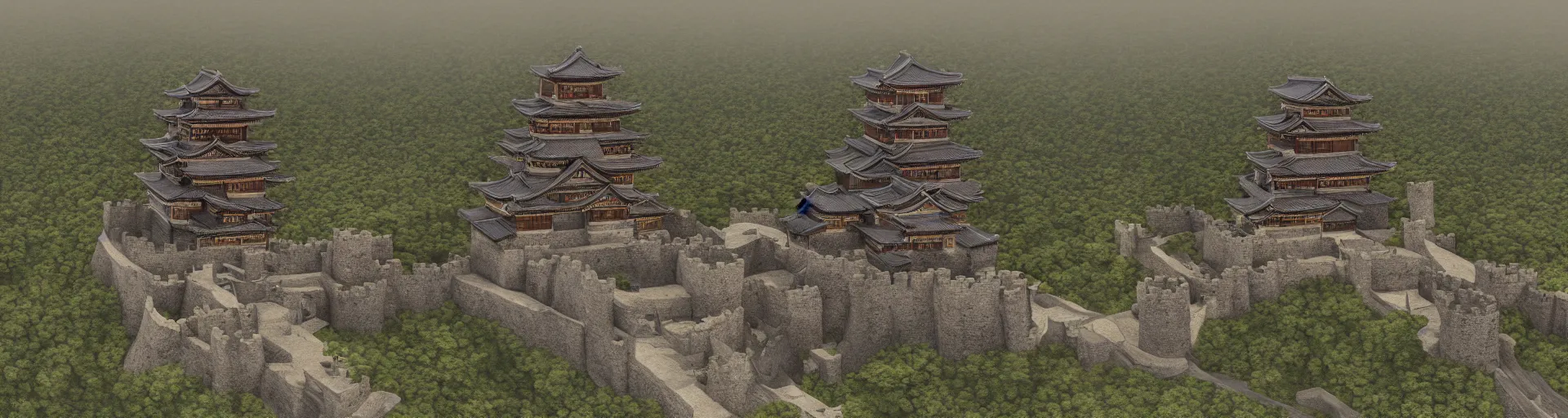 Prompt: photo realistic landscape of medieval japan castle, aerial photography, exquisite detail, octane render, 8 k postprocessing,