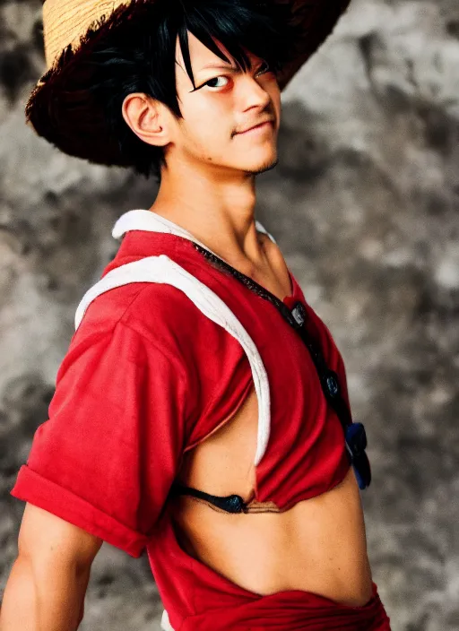 Image similar to A full portrait photo of real-life luffy one piece, f/22, 35mm, 2700K, lighting, perfect faces.