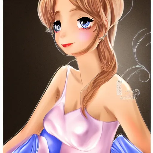 Image similar to very very very beautiful princess in a skintight satin prom dress smiling flirty eye contact, drawn by WLOP