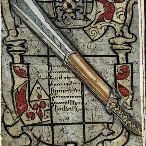 Prompt: a sword with an inlay engraving of a medieval map