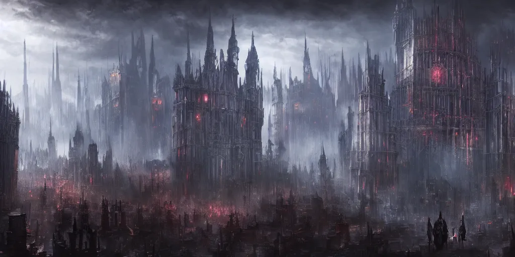 Image similar to a huge crowded megacity in the style of bloodborne, dark souls, demon souls, gothic art, dark fantasy, concept art, digital painting, volumetric lighting, trending on art station, evening time, warm sun light, god rays, highly detailed