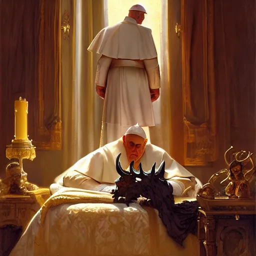 Image similar to the pope wakes up is his bed, sweating, nervous and terrified, a double horned shadow demon lurks in the curtains of the papal bedroom. highly detailed painting by gaston bussiere, j. c. leyendecker, greg rutkowski, craig mullins 8 k