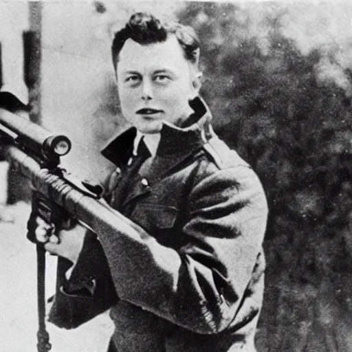 Image similar to old wartime photograph of elon musk holding a lewis gun, 1 9 1 7