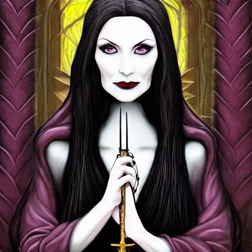 Image similar to Morticia Addams tarot card, gothic art, subdued color, detailed, eerie, emotional, gothic, sad, agitated, highly detailed, incredibly sharp focus, Artstation, deviantart, artgem, insane detail, intense black line art, precision detail, golden ratio, in the style of Heavy Metal Comics