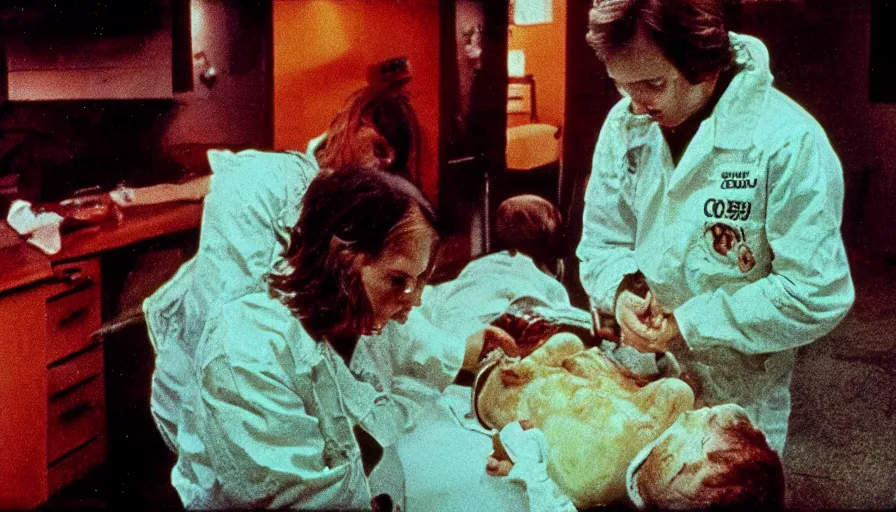 Prompt: 7 0 s film still from a horror movie about dissected humans, kodachrome, cinecolor, cinestill, film grain, film texture, retro, cinematic, high resolution, photorealism,