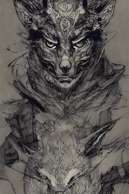 Prompt: portrait of a man in kitsune demon fox mask and black suit, pen and ink, intricate line drawings, by craig mullins, ruan jia, kentaro miura, greg rutkowski