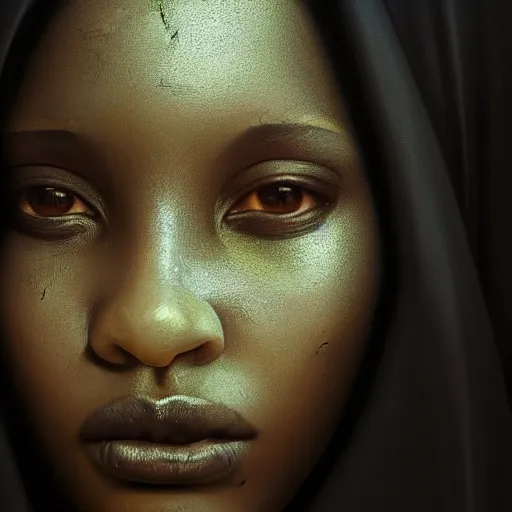 Image similar to a portrait of a young black woman wearing a long dark cloak, hood and shadows covering face, anatomically correct, beautiful perfect face, enigmatic, oil painting, matte painting, black background, Volumetric Golden dappled dynamic lighting, Highly Detailed, Cinematic Lighting, Unreal Engine, 8k, HD, by Beksinski