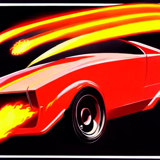 Image similar to concept art for a car with flame throwers, painted by syd mead, high quality