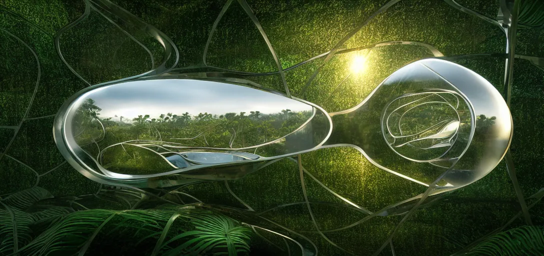 Prompt: futuristic shinny glass mirror building camouflaged in an jungle landscape of a biopunk world by frank gerhy, shinny golden road designed by zaha hadid, movie poster, spiral golden ratio, at dusk lighting, evening lighting, reflections, film still, hyper realistic, octane render redshift arnold materials unreal engine, 8 k post production, hyper detailed