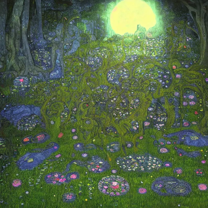 Image similar to ancient overgrown! ruins, medieval gates, indigo runestones, mysetrious etherial mesmerizing runic!! cat eyes, magical elven geometry, concept art by gustav klimt!!, deviantart contest winner, environmental art, pretty indigo flowers, fairy circles, lit by moonlight!!, high detail, intricate masterpiece