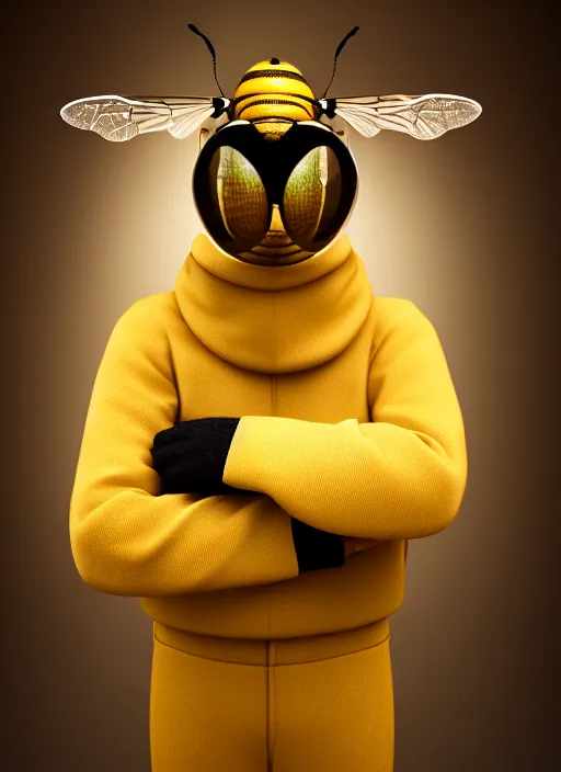 Prompt: photo portrait of a man named Doctor Bee's from Harry Partridge, elegant pose, very detailed, highly detailed Bee themed costume, photorealism, artstation, different point of view, sharp focus, photorealistic, soft diffuse autumn lights, some sunlight ray, dark room wall, canon 5D 50 mm lens, zen natural background