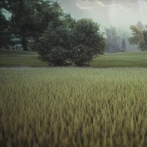 Image similar to landscape field, hyperrealistic, cinematic, unreal engine 5, rain