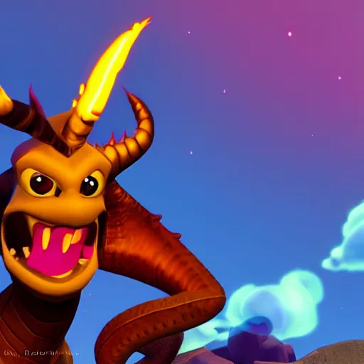 Image similar to cinematic portrait of Spyro the Dragon breathing fire