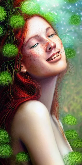 Image similar to infp young woman, smiling amazed, golden fireflies lights, sitting in the midst of nature fully covered, long loose red hair, intricate linework, green eyes, small nose with freckles, oval shape face, realistic, expressive emotions, dramatic lights spiritual scene, hyper realistic ultrafine art by michael cheval, jessica rossier, boris vallejo