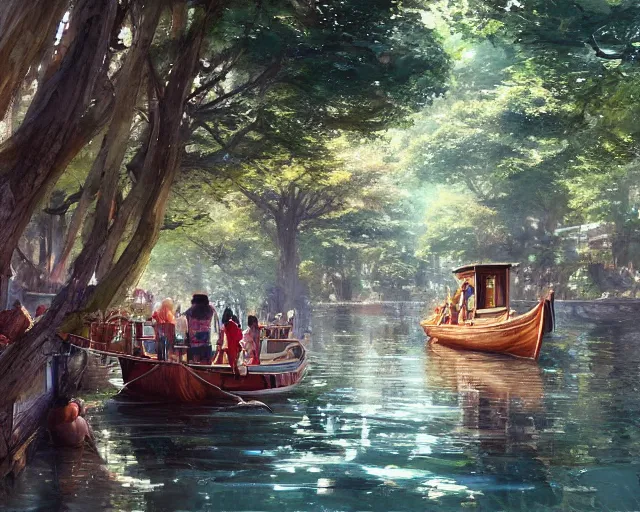 Prompt: a wooden boat with people on it in a very narrow river, trees, shady, ripples, reflections. By Makoto Shinkai, Stanley Artgerm Lau, WLOP, Rossdraws, James Jean, Andrei Riabovitchev, Marc Simonetti, krenz cushart, Sakimichan, trending on ArtStation, digital art.