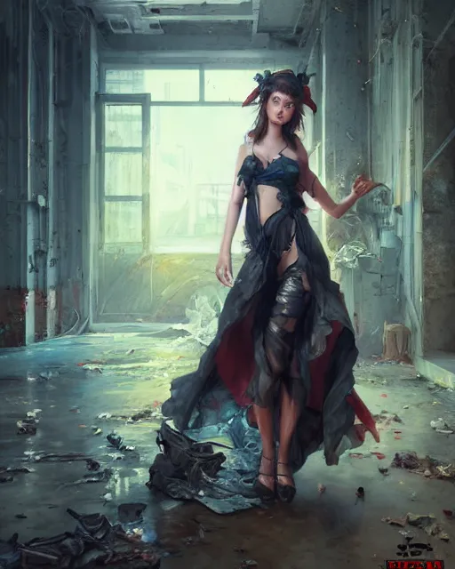 Image similar to daniel gerhartz and artgerm detailed portrait digital rococo painting of a beautiful woman wearing streetwear clothing, abandoned warehouse interior in the background, unreal engine, hyper realism, realistic shading, cinematic composition, blender render, octane render, hdr, detailed textures, photorealistic, ultrawide shot, 3 5 mm film