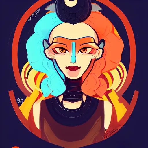 Image similar to illustrated portrait of ram-horned devil woman with blue bob hairstyle and her tangerine colored skin and with solid black eyes wearing leather by rossdraws