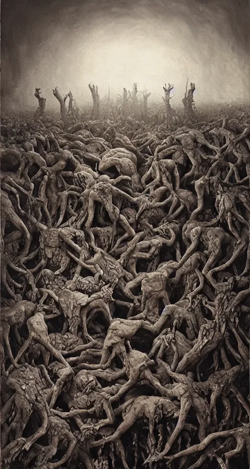 Image similar to house of hungry cannibals tearing each other apart, covered in blood and standing on piles of limbs, hyperrealistic, horror, gothic, lovecraftian, 4 k, realistic, high detail, gruesome, by zdzisław beksinski, inspired by francisco goya