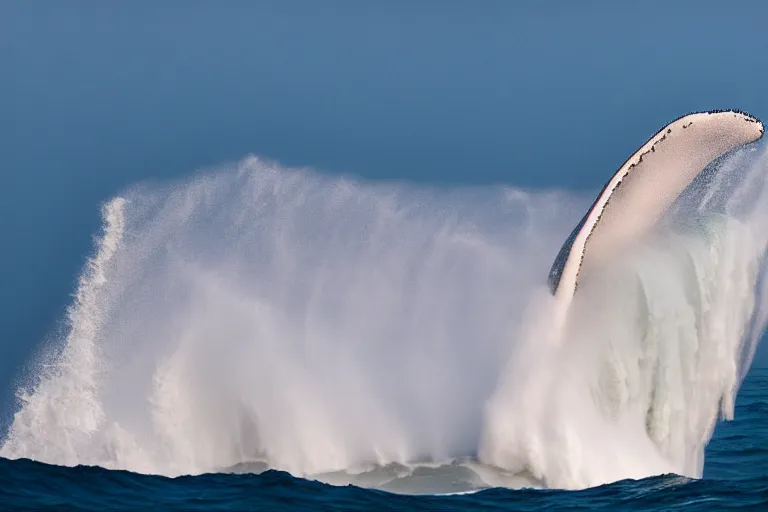 Image similar to photography of a gigantic white whale jumping a wave at nazare