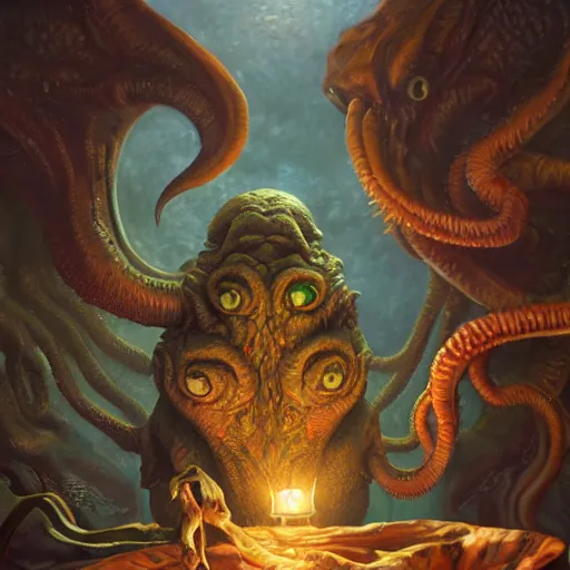 Image similar to cthulhu garfield, 4 k oil on linen by wlop, artgerm, andrei riabovitchev, nuri iyem, james gurney, james jean, greg rutkowski, highly detailed, soft lighting 8 k resolution