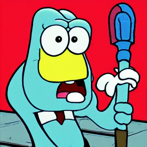 Image similar to squidward from spongebob squarepants with hair, holding a hammer