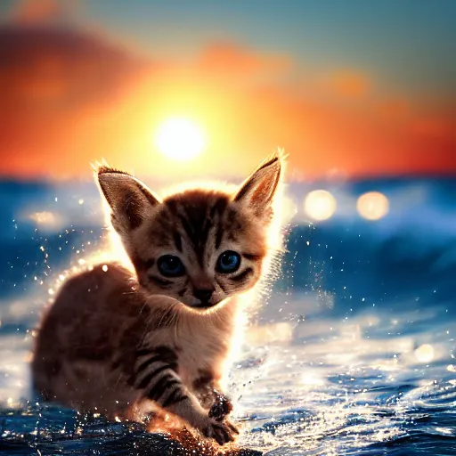 Image similar to a closeup photorealistic photograph of a cute kitten kangaroo hybrid splashing in the surf during sunset. professional capture, well lit shot. this 4 k hd image is trending on artstation, featured on behance, well - rendered, extra crisp, features intricate detail, epic composition and the style of unreal engine.