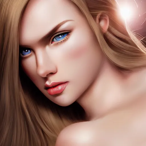 Image similar to a gorgeous female photo, professionally retouched, soft lighting, wearing sundress, illuminated by moonlight, realistic, smooth face, blonde goddess, luscious lips, perfect eyes, wide angle, sharp focus on eyes, shocked expression on her face, 8 k high definition, insanely detailed, intricate, elegant, art by artgerm and wlop