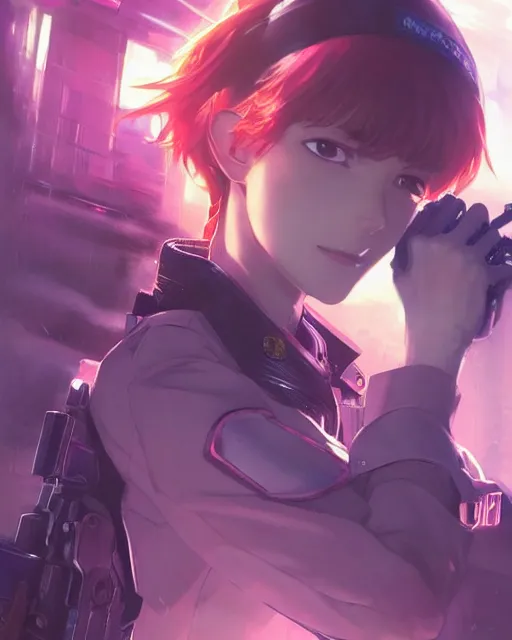 Image similar to anime key visual of a young elizabeth olzen as a police officer, neon, cyberpunk, futuristic, stunning, highly detailed, digital painting, artstation, smooth, soft focus, illustration, art by artgerm and greg rutkowski and alphonse mucha