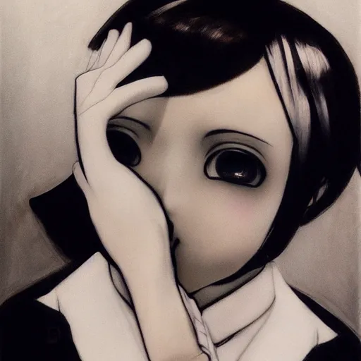 Image similar to Yoshitaka Amano realistic illustration of an anime girl with short white hair and black eyes wearing tuxedo with the hand in front of her face, abstract black and white background, film grain effect, highly detailed, Renaissance oil painting