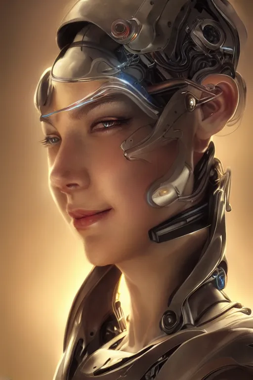 Image similar to Portrait of beautiful smiling Ultra realistic illustration, beautiful alluring female cyborg, cyberpunk, sci-fi, fantasy, intricate, elegant, highly detailed, digital painting, artstation, concept art, smooth, sharp focus, illustration, art by Yintion J , Jiang Geping and artgerm and greg rutkowski and alphonse mucha.